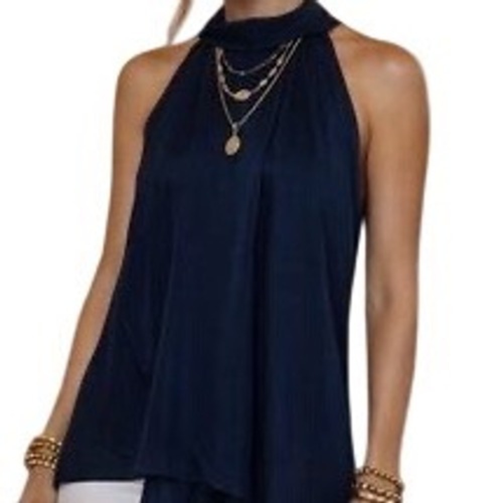 NWT Barbara Bui Navy Silk Halter Neck Tie Back Drape Blouse Top Sz 40 (Medium/8)